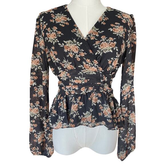 Evelyn Blue Tops - Boho Floral Blouse Faux Wrap Sheer Peplum Whimsigoth Romantic Fairy Size Small